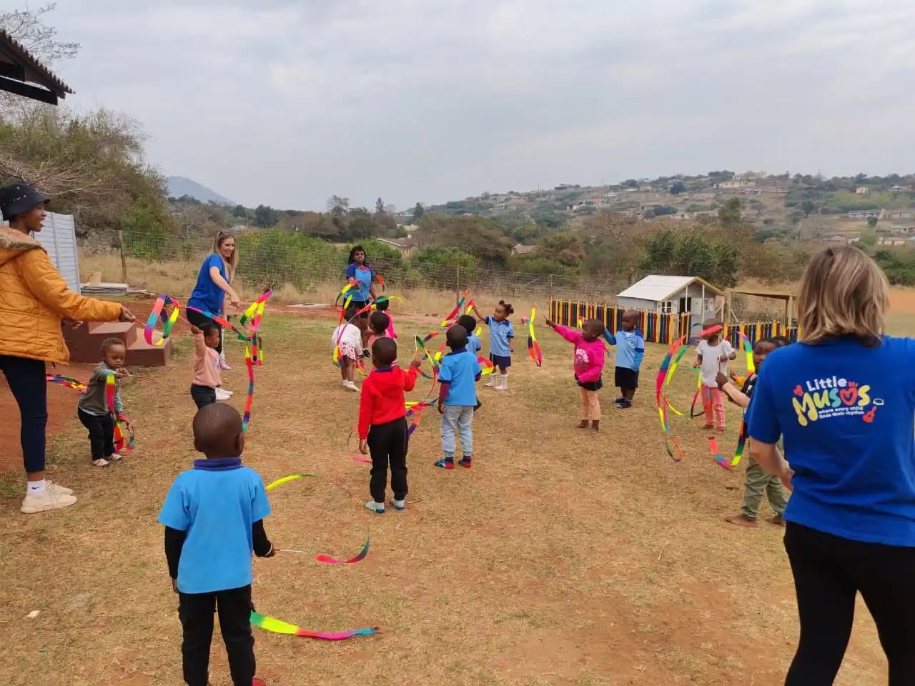 Little Musos ribbon dancing session with children at Lusana