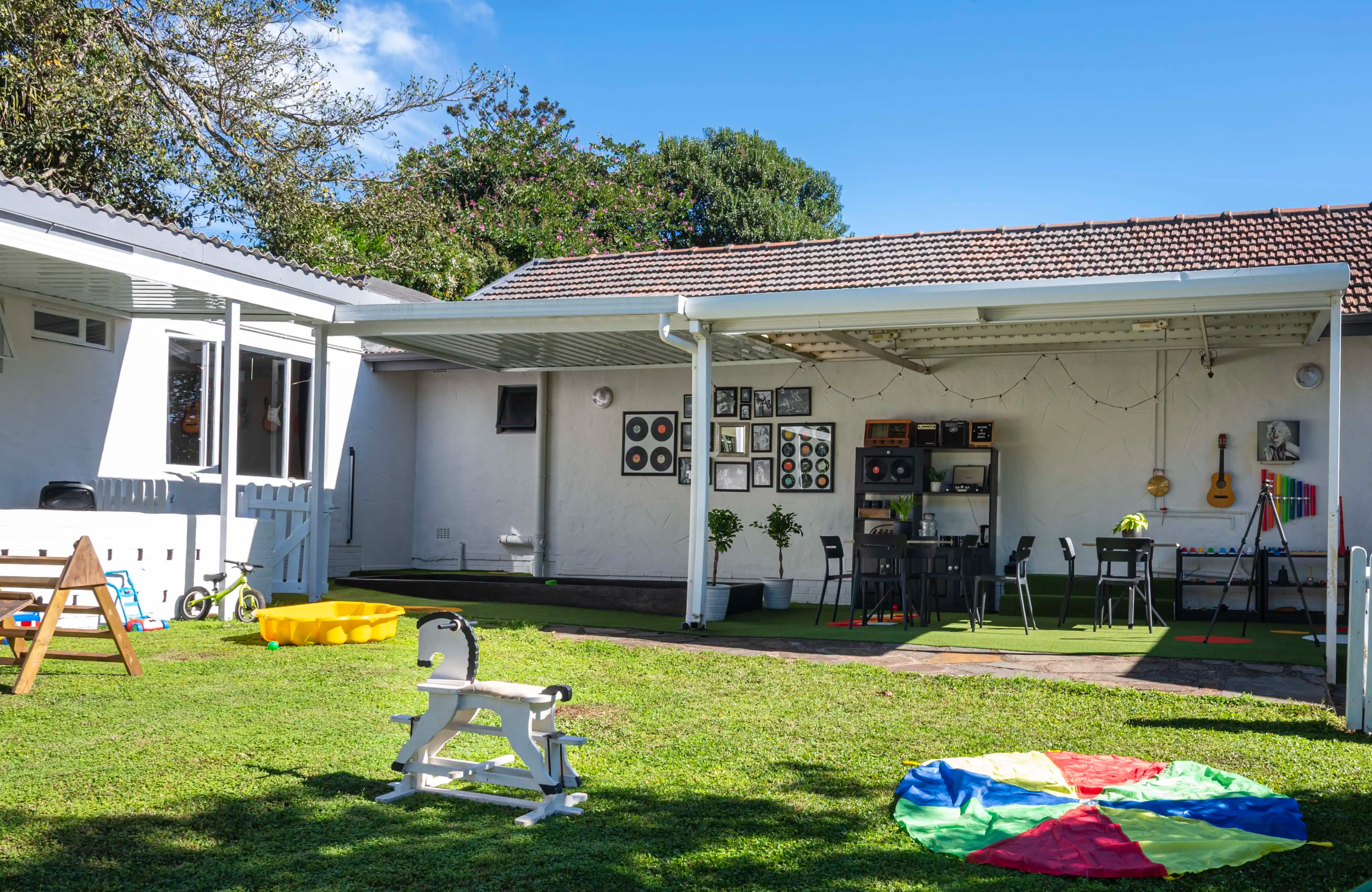 Outdoor play area with music wall